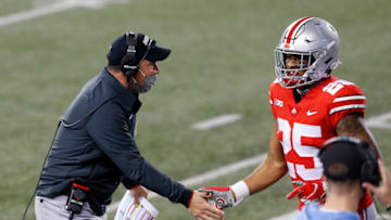 Nov 7, 2020; Columbus, Ohio, USA; Ohio State Buckeyes head coach Ryan Day during the second quarter against the Rutgers Scarlet Knights at Ohio Stadium. Mandatory Credit: Joseph Maiorana-USA TODAY Sports