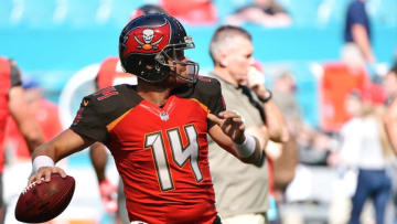 MIAMI GARDENS, FL - NOVEMBER 19: Ryan Fitzpatrick #14 of the Tampa Bay Buccaneers warms up prior to a game against the Miami Dolphins at Hard Rock Stadium on November 19, 2017 in Miami Gardens, Florida. (Photo by Mark Brown/Getty Images)