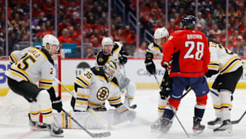 Oct 12, 2022; Washington, District of Columbia, USA; Boston Bruins goaltender Linus Ullmark (35) attempts to make a save in front of Washington Capitals right wing Connor Brown (28) at Capital One Arena. Mandatory Credit: Geoff Burke-USA TODAY Sports
