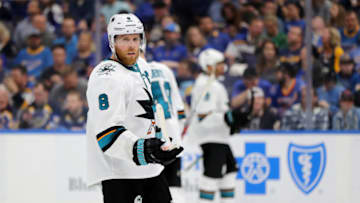 ST LOUIS, MISSOURI - MAY 15: Joe Pavelski #8 of the San Jose Sharks looks on against the St. Louis Blues during the third period in Game Three of the Western Conference Finals during the 2019 NHL Stanley Cup Playoffs at Enterprise Center on May 15, 2019 in St Louis, Missouri. (Photo by Elsa/Getty Images)
