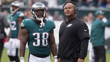 Oct 8, 2017; Philadelphia, PA, USA; Philadelphia Eagles running back Kenjon Barner (38) and running back coach Duce Staley against the Arizona Cardinals at Lincoln Financial Field. Mandatory Credit: Bill Streicher-USA TODAY Sports