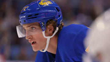 Dec 1, 2022; Buffalo, New York, USA; Buffalo Sabres center Tage Thompson (72) waits for the face-off during the second period against the Colorado Avalanche at KeyBank Center. Mandatory Credit: Timothy T. Ludwig-USA TODAY Sports