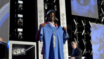 LAS VEGAS, NEVADA - APRIL 28: Jameson Williams poses onstage after being selected 12th by the Detroit Lions during round one of the 2022 NFL Draft on April 28, 2022 in Las Vegas, Nevada. (Photo by David Becker/Getty Images)