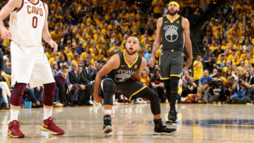 OAKLAND, CA - JUNE 3: Stephen Curry #30 of the Golden State Warriors reacts to a play in Game Two of the 2018 NBA Finals against the Cleveland Cavaliers on June 3, 2018 at ORACLE Arena in Oakland, California. NOTE TO USER: User expressly acknowledges and agrees that, by downloading and/or using this photograph, user is consenting to the terms and conditions of Getty Images License Agreement. Mandatory Copyright Notice: Copyright 2018 NBAE (Photo by Nathaniel S. Butler/NBAE via Getty Images)