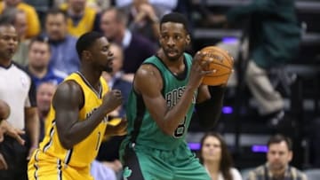 Mar 11, 2014; Indianapolis, IN, USA; Boston Celtics forward Jeff Green (8) is guarded by Indiana Pacers guard Lance Stephenson (1) at Bankers Life Fieldhouse. Indiana defeats Boston 94-83. Mandatory Credit: Brian Spurlock-USA TODAY Sports