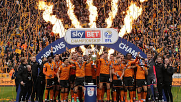 WOLVERHAMPTON, ENGLAND - APRIL 28: Wolverhampton Wanderers celebrate winning the Sky Bet Championship after the Sky Bet Championship match between Wolverhampton Wanderers and Sheffield Wednesday at Molineux on April 28, 2018 in Wolverhampton, England. (Photo by Richard Heathcote/Getty Images)