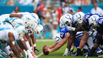 MIAMI GARDENS, FL - DECEMBER 27: The Indianapolis Colts and Miami Dolphins line up for a snap during the first quarter of the game at Sun Life Stadium on December 27, 2015 in Miami Gardens, Florida. (Photo by Rob Foldy/Getty Images)