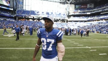 Oct 19, 2014; Indianapolis, IN, USA; Indianapolis Colts wide receiver Reggie Wayne (87) walks off the field after a game against the Cincinnati Bengals at Lucas Oil Stadium. Indianapolis defeats Cincinnati 27-0. Mandatory Credit: Brian Spurlock-USA TODAY Sports