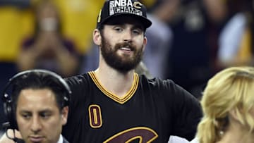 Jun 19, 2016; Oakland, CA, USA; Cleveland Cavaliers forward Kevin Love (0) reacts after beating the Golden State Warriors in game seven of the NBA Finals at Oracle Arena. Mandatory Credit: Bob Donnan-USA TODAY Sports