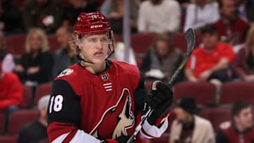 GLENDALE, AZ - JANUARY 04: Christian Dvorak #18 of the Arizona Coyotes during the NHL game against the Nashville Predators at Gila River Arena on January 4, 2018 in Glendale, Arizona. The Coyotes defeated the Predators 3-2 in overtime. (Photo by Christian Petersen/Getty Images)