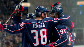 COLUMBUS, OH - NOVEMBER 06: Columbus Blue Jackets left wing Anthony Duclair (91) celebrates with teammates after scoring a goal in a game between the Columbus Blue Jackets and the Dallas Stars on November 6, 2018 at Nationwide Arena in Columbus, OH.(Photo by Adam Lacy/Icon Sportswire via Getty Images)