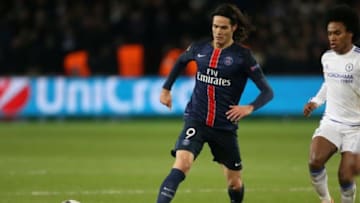 PARIS - FEBRUARY 16: Edinson Cavani of PSG in action during the UEFA Champions League round of 16 first leg match between Paris Saint-Germain (PSG) and Chelsea FC at Parc des Princes stadium on February 16, 2016 in Paris, France. (Photo by Jean Catuffe/Getty Images)