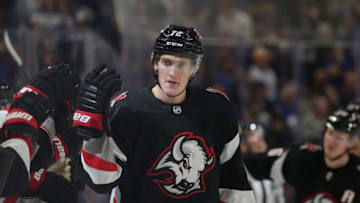 BUFFALO, NEW YORK - DECEMBER 13: Tage Thompson #72 of the Buffalo Sabres celebrates scoring a goal during the third period of an NHL hockey game against the Los Angeles Kings at KeyBank Center on December 13, 2022 in Buffalo, New York. (Photo by Joshua Bessex/Getty Images)