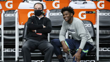 President of Basketball Operations Gersson Rosas and Anthony Edwards of the Minnesota Timberwolves. (Photo by Steph Chambers/Getty Images)