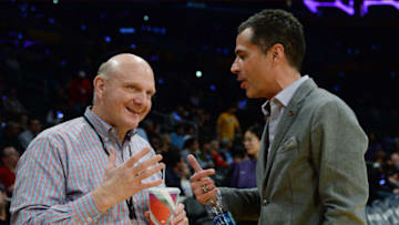 LOS ANGELES, CA - MARCH 21: Rob Pelinka (R), general manager of the Los Angeles Lakers, speaks with owner of the Los Angeles Clippers Steve Ballmer before the start of the basketball game between Los Angeles Clippers and Los Angeles Lakers at Staples Center March 21, 2017, in Los Angeles, California. NOTE TO USER: User expressly acknowledges and agrees that, by downloading and or using this photograph, User is consenting to the terms and conditions of the Getty Images License Agreement. (Photo by Kevork Djansezian/Getty Images)