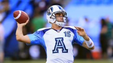 Aug 17, 2014; Toronto, Ontario, Canada; Toronto Argonauts quarterback Ricky Ray (15) warms up prior to a game against the BC Lions at Rogers Centre. Mandatory Credit: John E. Sokolowski-USA TODAY Sports