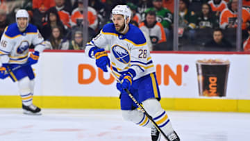 Mar 17, 2023; Philadelphia, Pennsylvania, USA; Buffalo Sabres left wing Zemgus Girgensons (28) controls the puck against the Philadelphia Flyers in the first period at Wells Fargo Center. Mandatory Credit: Kyle Ross-USA TODAY Sports