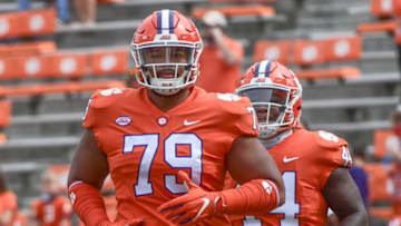 Clemson offensive tacle Jackson Carman(79) warms up before the game with The Citadel Saturday, Sept. 19, 2020 at Memorial Stadium in Clemson, S.C.Clemson The Citadel Ncaa Football