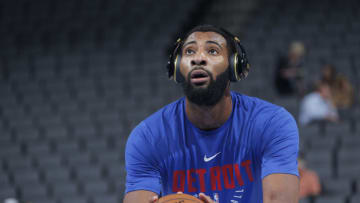 SACRAMENTO, CA - MARCH 19: Andre Drummond #0 of the Detroit Pistons warms up against the Sacramento Kings on March 19, 2018 at Golden 1 Center in Sacramento, California. NOTE TO USER: User expressly acknowledges and agrees that, by downloading and or using this photograph, User is consenting to the terms and conditions of the Getty Images Agreement. Mandatory Copyright Notice: Copyright 2018 NBAE (Photo by Rocky Widner/NBAE via Getty Images)