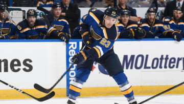 ST. LOUIS, MO - JANUARY 17: Dmitrij Jaskin #23 of the St. Louis Blues makes a pass against the Ottawa Senators on January 17, 2017 at Scottrade Center in St. Louis, Missouri. (Photo by Scott Rovak/NHLI via Getty Images)