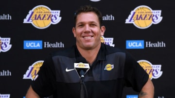 EL SEGUNDO, CA - SEPTEMBER 24: Head coach of the Los Angeles Lakers Luke Walton, laughs with the press during the Los Angeles Lakers Media Day at the UCLA Health Training Center on September 24, 2018 in El Segundo, California. (Photo by Harry How/Getty Images)