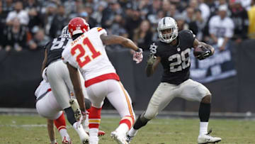 Dec 6, 2015; Oakland, CA, USA; Oakland Raiders running back Latavius Murray (28) runs the ball against the Kansas City Chiefs in the fourth quarter at O.co Coliseum. The Chiefs defeated the Raiders 34-20. Mandatory Credit: Cary Edmondson-USA TODAY Sports
