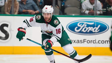 Apr 22, 2016; Dallas, TX, USA; Minnesota Wild left wing Jason Zucker (16) skates against the Dallas Stars in game five of the first round of the 2016 Stanley Cup Playoffs at the American Airlines Center. The Wild defeat the Stars 5-4. Mandatory Credit: Jerome Miron-USA TODAY Sports