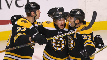 BOSTON - JANUARY 6: From left, Boston Bruins' Zdeno Chara and Brad Marchand celebrate teammate Patrice Bergeron's first period goal. The Boston Bruins host the Carolina Hurricanes in a regular season NHL hockey game at TD Garden in Boston on Jan. 6, 2018. (Photo by John Tlumacki/The Boston Globe via Getty Images)