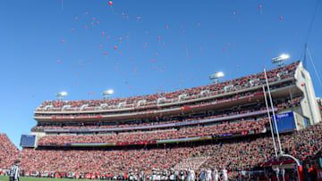 LINCOLN, NE - OCTOBER 26: Fans of the Nebraska Cornhuskers release balloons after the first score against the Indiana Hoosiers at Memorial Stadium on October 26, 2019 in Lincoln, Nebraska. (Photo by Steven Branscombe/Getty Images)