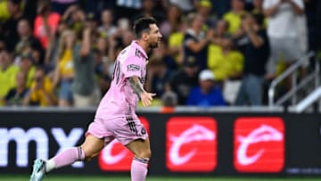 Inter Miami's Argentine forward #10 Lionel Messi celebrates after scoring a goal during the Leagues Cup final football match between Nashville SC and Inter Miami in at Geodis Park in Nashville, Tennessee, on August 19, 2023. (Photo by CHANDAN KHANNA / AFP) (Photo by CHANDAN KHANNA/AFP via Getty Images)