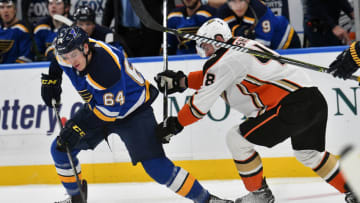 ST. LOUIS, MO - NOVEMBER 29: St. Louis Blues right wing Samuel Blais (64) and Anaheim Ducks center Logan Shaw (48) go after a loose puck during a NHL game between the Anaheim Ducks and the St. Louis Blues on November 29, 2017, at Scottrade Center, St. Louis, MO. (Photo by Keith Gillett/Icon Sportswire via Getty Images)