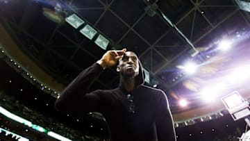BOSTON, MA - FEBRUARY 11: Former Boston Celtics player Kevin Garnett looks on during a game between the Boston Celtics and the Cleveland Cavaliers at TD Garden on February 11, 2018 in Boston, Massachusetts. Paul Pierce's jersey will be retired following the game. NOTE TO USER: User expressly acknowledges and agrees that, by downloading and or using this photograph, User is consenting to the terms and conditions of the Getty Images License Agreement. (Photo by Adam Glanzman/Getty Images)