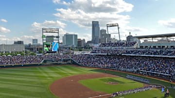 Omaha, NE - JUNE 26: A general view of the stadium during the National Anthem of game one of the College World Series Championship Series between the LSU Tigers and the Florida Gators on June 26, 2017 at TD Ameritrade Park in Omaha, Nebraska. (Photo by Peter Aiken/Getty Images)
