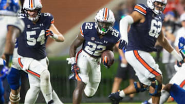 Auburn football running back Damari Alston (22) runs the ball as Auburn Tigers take on San Jose State Spartans at Jordan-Hare Stadium in Auburn, Ala., on Saturday, Sept. 10, 2022. San Jose State Spartans lead Auburn Tigers 10-7 at halftime.