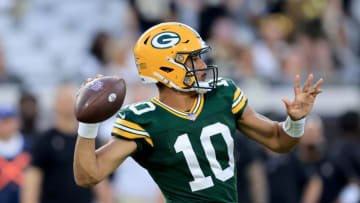 JACKSONVILLE, FLORIDA - SEPTEMBER 12: Jordan Love #10 of the Green Bay Packers attempts a pass during the game against the New Orleans Saints at TIAA Bank Field on September 12, 2021 in Jacksonville, Florida. (Photo by Sam Greenwood/Getty Images)