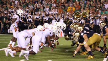 Sep 5, 2015; South Bend, IN, USA; Notre Dame Fighting Irish line squares off against the Texas Longhorns at Notre Dame Stadium. Notre Dame defeats Texas 38-3. Mandatory Credit: Brian Spurlock-USA TODAY Sports