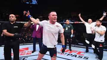 SAO PAULO, BRAZIL - OCTOBER 28: Colby Covington celebrates after defeating Demian Maia of Brazil in their welterweight bout during the UFC Fight Night event inside the Ibirapuera Gymnasium on October 28, 2017 in Sao Paulo, Brazil. (Photo by Josh Hedges/Zuffa LLC/Zuffa LLC via Getty Images)