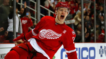 DETROIT, MI - APRIL 03: Evgeny Svechnikov #37 of the Detroit Red Wings reacts to his game winning shoot out goal while playing the Ottawa Senators at Joe Louis Arena on April 3, 2017 in Detroit, Michigan. Detroit won the game 5-4. (Photo by Gregory Shamus/Getty Images)