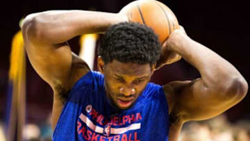 Feb 20, 2015; Philadelphia, PA, USA; Philadelphia 76ers center Joel Embiid (21) during warm ups prior to the game against the Indiana Pacers at Wells Fargo Center. Mandatory Credit: Bill Streicher-USA TODAY Sports