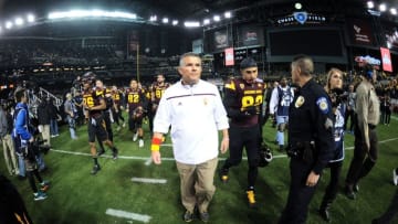 Jan 2, 2016; Phoenix, AZ, USA; Arizona State Sun Devils head coach Todd Graham leaves the field after the second half against the West Virginia Mountaineers of the 2016 Cactus Bowl at Chase Field. The Mountaineers won 43-42. Mandatory Credit: Joe Camporeale-USA TODAY Sports