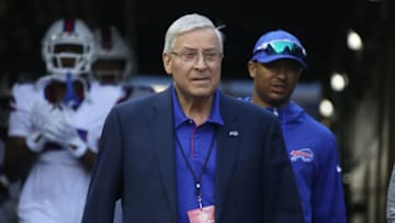Aug 19, 2023; Pittsburgh, Pennsylvania, USA; Buffalo Bills owner Terry Pegula (center) walks out to the field to observe warm ups before the game against the Pittsburgh Steelers at Acrisure Stadium. Mandatory Credit: Charles LeClaire-USA TODAY Sports