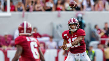 Alabama quarterback Tua Tagovailoa (13) passes to wide receiver DeVonta Smith (6) at Bryant-Denny Stadium in Tuscaloosa, Ala., on Saturday September 28, 2019.Uaseason049