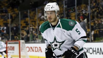 BOSTON, MA - MARCH 30: Dallas Stars defenseman Jamie Oleksiak (5) skates during warm up before a regular season NHL game between the Boston Bruins and the Dallas Stars on March 30, 2017, at TD Garden in Boston, Massachusetts. The Bruins defeated the Stars 2-0. (Photo by Fred Kfoury III/Icon Sportswire via Getty Images)