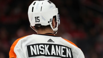 WASHINGTON, DC - FEBRUARY 08: Matt Niskanen #15 of the Philadelphia Flyers looks on against the Washington Capitals during the third period at Capital One Arena on February 08, 2020 in Washington, DC. (Photo by Patrick Smith/Getty Images)