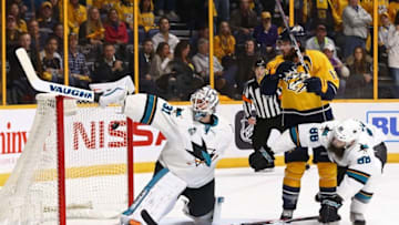 May 5, 2016; Nashville, TN, USA; San Jose Sharks goalie Martin Jones (31) is scored on by Nashville Predators left wing James Neal (not pictured) during the third period in game four of the second round of the 2016 Stanley Cup Playoffs at Bridgestone Arena. Mandatory Credit: Aaron Doster-USA TODAY Sports