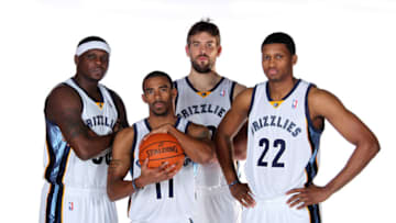 MEMPHIS, TN - DECEMBER 15: Zach Randolph #50, Mike Conley #11, Marc Gasol #33 and Rudy Gay #22 of the Memphis Grizzlies pose for a portrait during NBA Media Day on December 15, 2011 at FedExForum in Memphis, Tennessee. NOTE TO USER: User expressly acknowledges and agrees that, by downloading and or using this photograph, User is consenting to the terms and conditions of the Getty Images License Agreement. Mandatory Copyright Notice: Copyright 2011 NBAE (Photo by Joe Murphy/NBAE via Getty Images)