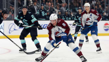 SEATTLE, WASHINGTON - NOVEMBER 13: Cale Makar #8 of the Colorado Avalanche skates against the Seattle Kraken during the first period at Climate Pledge Arena on November 13, 2023 in Seattle, Washington. (Photo by Steph Chambers/Getty Images)