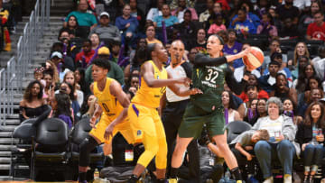 LOS ANGELES, CA - JUNE 7: Alysha Clark #32 of the Seattle Storm handles the ball against the Los Angeles Sparks on June 7, 2018 at STAPLES Center in Los Angeles, California. NOTE TO USER: User expressly acknowledges and agrees that, by downloading and/or using this Photograph, user is consenting to the terms and conditions of the Getty Images License Agreement. Mandatory Copyright Notice: Copyright 2018 NBAE (Photo by Adam Pantozzi/NBAE via Getty Images)