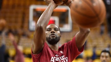 CLEVELAND, OH - MAY 26: Elton Brand #7 of the Atlanta Hawks warms up prior to Game Four of the Eastern Conference Finals of the 2015 NBA Playoffs against the Cleveland Cavaliers at Quicken Loans Arena on May 26, 2015 in Cleveland, Ohio. NOTE TO USER: User expressly acknowledges and agrees that, by downloading and or using this Photograph, user is consenting to the terms and conditions of the Getty Images License Agreement. (Photo by Jason Miller/Getty Images)