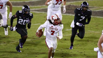 FORT WORTH, TX - OCTOBER 11: Jett Duffey #7 of the Texas Tech Red Raiders runs for the game winning touchdown against the TCU Horned Frogs at Amon G. Carter Stadium on October 11, 2018 in Fort Worth, Texas. (Photo by Ronald Martinez/Getty Images)